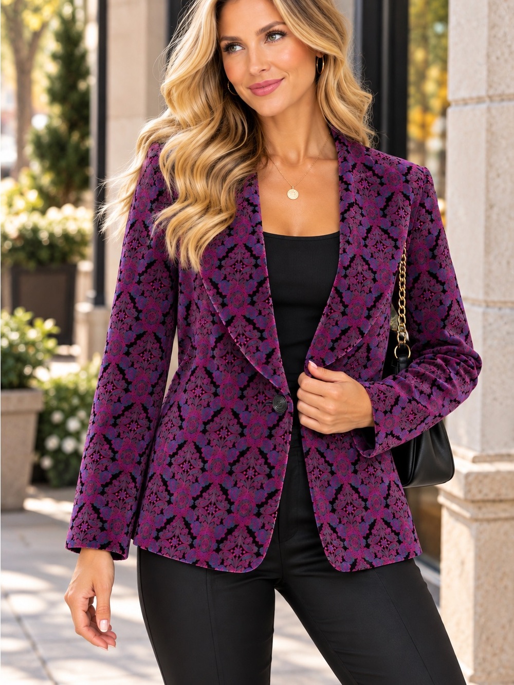 B3 Vintage KORET Velour Damask Floral Blazer Purple Black One Button